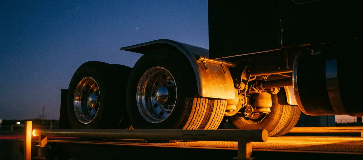 A truck on a weigh-scale platform at dusk, trailer tandems and chrome wheels lit by amber light